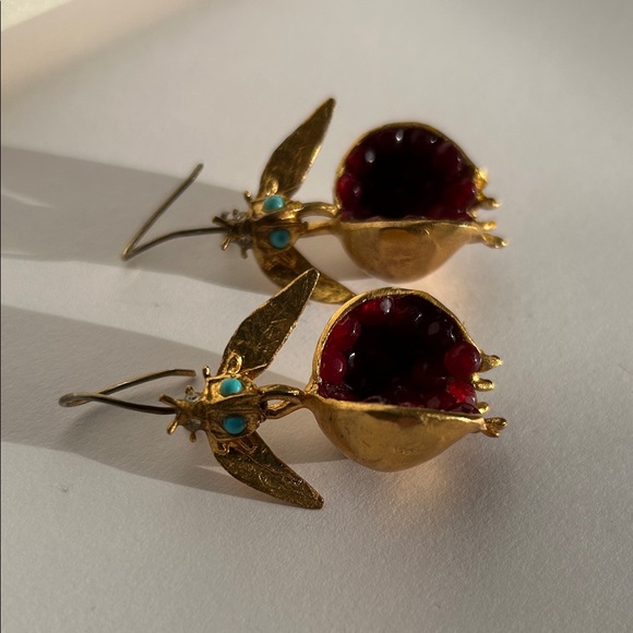 Gold and Red Pomegranate Earrings - Picture 3 of 5